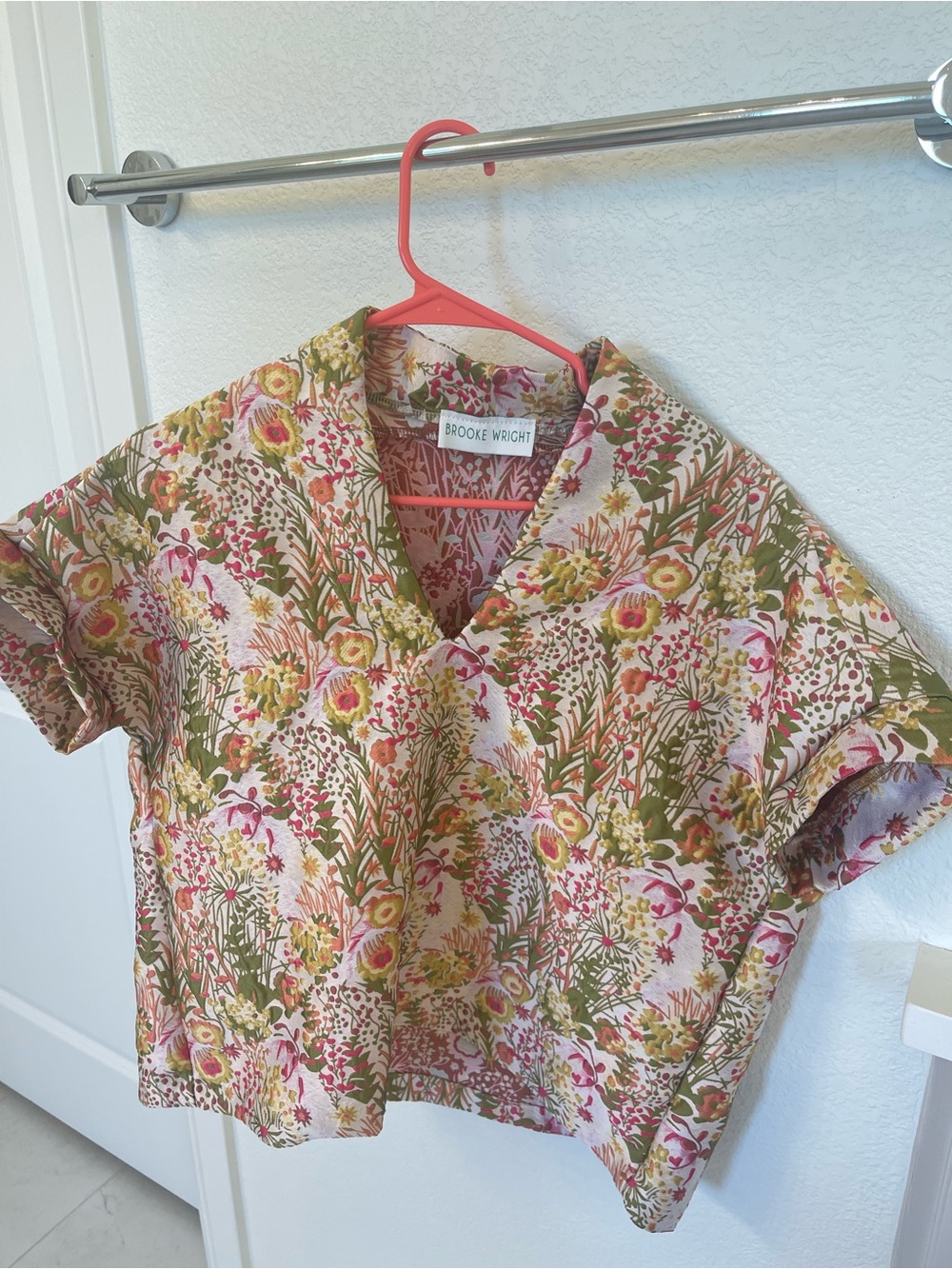 Brooke Wright Floral Short-Sleeve Blouse in Pink & Green